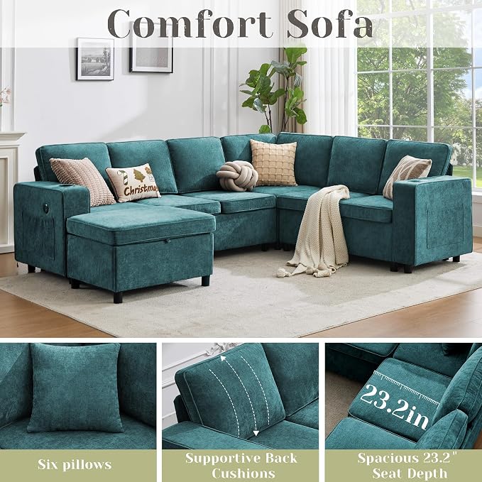 107 Inch Sectional Sleeper Sofa with Pull Out Bed, 7 Seat U Shaped Modular Sectional Sofa with Storage Ottoman, USB Port & 6 Pillows, Sectional Couches for Living Room & Apartment, Modular Couch,Green