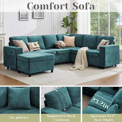 107 Inch Sectional Sleeper Sofa with Pull Out Bed, 7 Seat U Shaped Modular Sectional Sofa with Storage Ottoman, USB Port & 6 Pillows, Sectional Couches for Living Room & Apartment, Modular Couch,Green