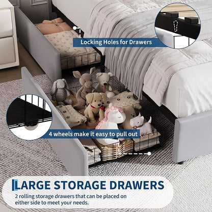 GarveeHome Full Bed Frame with Storage Headboard, Kids Bed Frame with 2 Drawers, Velvet Upholstered Platform Bed Frame with Lights, No Box Spring Needed, Easy Assembly, Velvet Grey