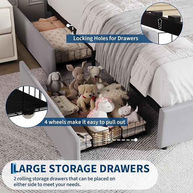 GarveeHome Twin XL Bed Frame with Storage Headboard, Kids Bed Frame with 2 Drawers, Velvet Upholstered Platform Bed Frame with Lights, No Box Spring Needed, Easy Assembly, Velvet Grey