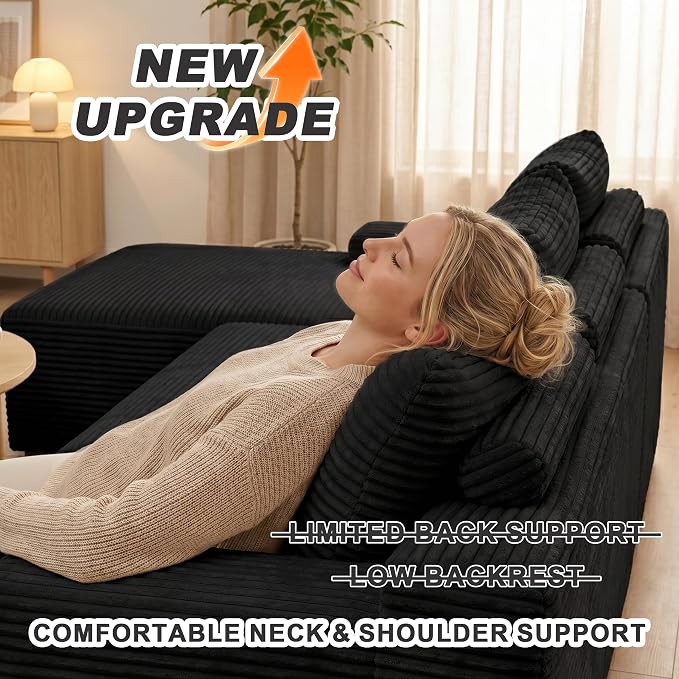 Mangodan 118'' Cloud Sectional Couch, U Shaped Boneless Couches for Living Room, Modular Sectional Sofa with Deep Seat Light Facing Chaise, Comfy Cloud Couch Sofa, Black