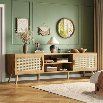 SUPERJARE Boho TV Stand for 65 Inch TV, Entertainment Center with Adjustable Shelf, Rattan TV Console with 2 Cabinets, Media Console, Solid Wood Feet, 4 Cord Holes, for Living Room - Natural