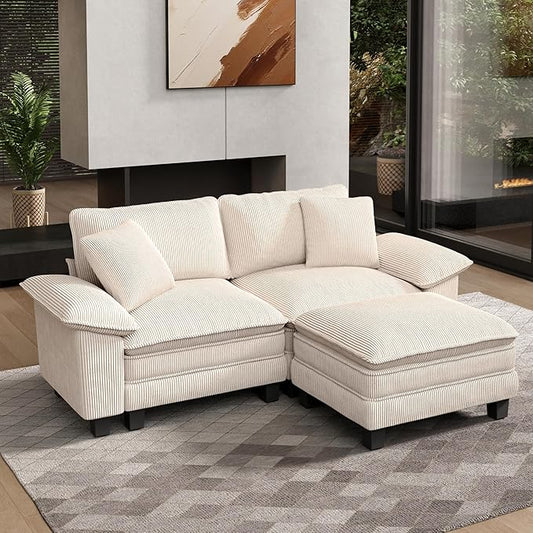 HERA'S HOUSE 88" Modular Sectional Sofa, L Shaped Couches for Living Room, Comfy Cloud Couch with Ottoman, 3-Seater Deep Seat Sofa with Throw Pillow, Corduroy Beige