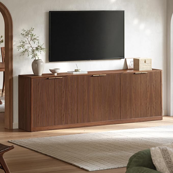 Evermagin 94.5" Fluted Walnut Buffet Cabinet Sideboard with Storage, TV Stands with 6 Doors, Wood Mid Century Modern Credenza for Kitchen and Living Room (94.5" W*31.5" H*15.7" D), Walnut