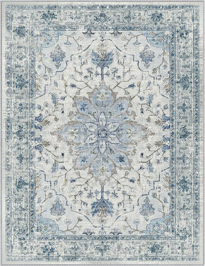 RELEANY Area Rugs Runner 3'x20' Washable Non-Slip, Floral Vintage Distress Medallion Carpet for Kitchen Hallway Bedroom Beside Laundry Room Bathroom, Light Blue Navy Gray White