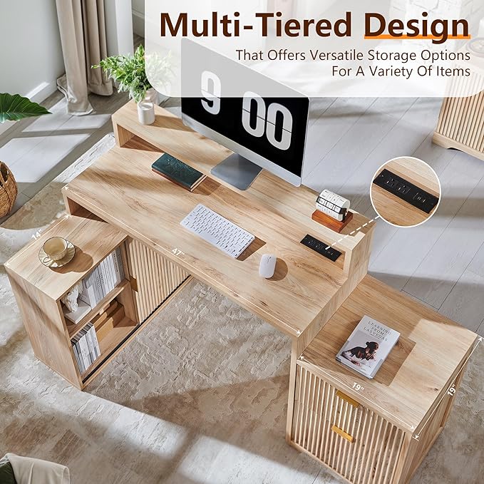67" Modern Desk with Cabinet & 2 Drawers, Office Desk Built‑in Outlet | luted Computer Writing Desk, storage cabinet with sliding doors, Oak