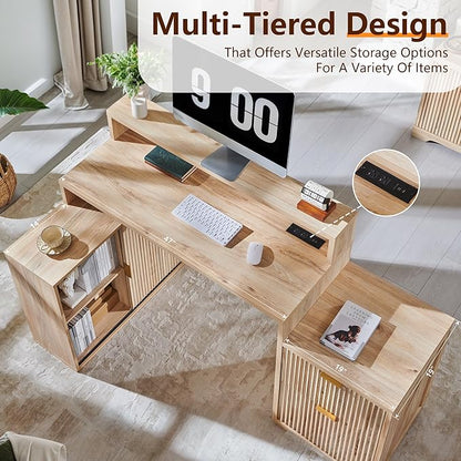 67" Modern Desk with Cabinet & 2 Drawers, Office Desk Built‑in Outlet | luted Computer Writing Desk, storage cabinet with sliding doors, Oak
