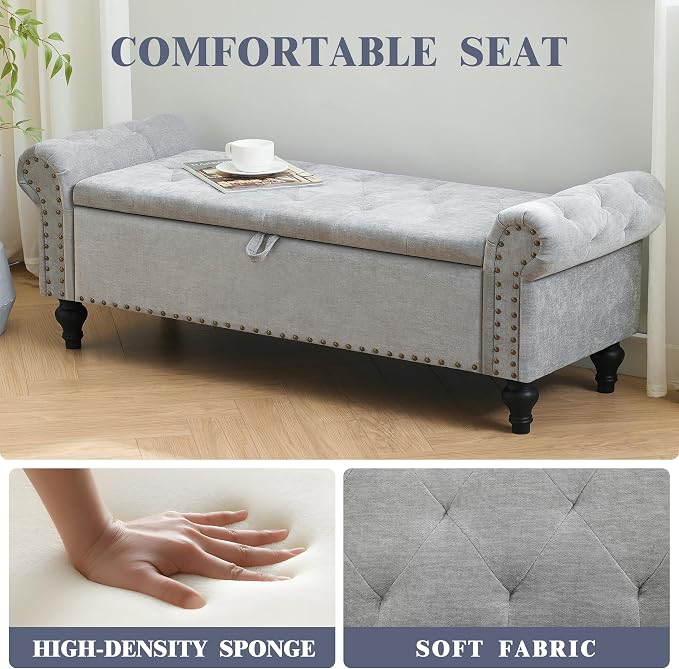 55" Storage Bench for Bedroom, Upholstered Ottoman Bench Chenille LightGray | End of Bed Bench for Bedroom, Window Benches for Living Room, Entryway, Ottoman with Large Storage Space, Pet Friendly