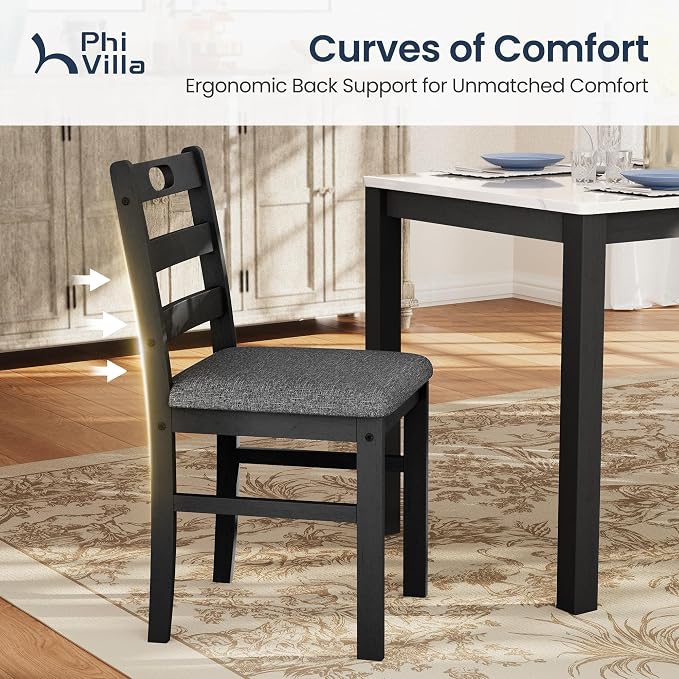 PHI VILLA Farmhouse Dining Table Set for 4, Solid Wood Kitchen Table Chairs Set of 4, 5 Piece Dining Room Table Set for Apartment, Venatino White Marble&Gray