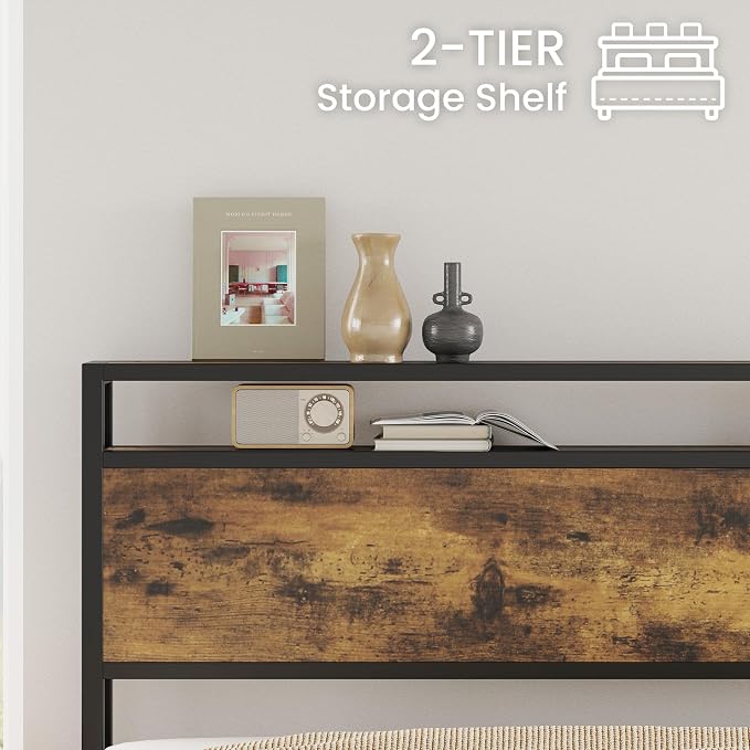 LIKIMIO King Size Bed Frame, Platform Bed with 2-Tier Storage Headboard | Metal Bed Frame, Solid and Stable, Noise Free, No Box Spring Needed, Easy Assembly, Durable, Industrial Brown