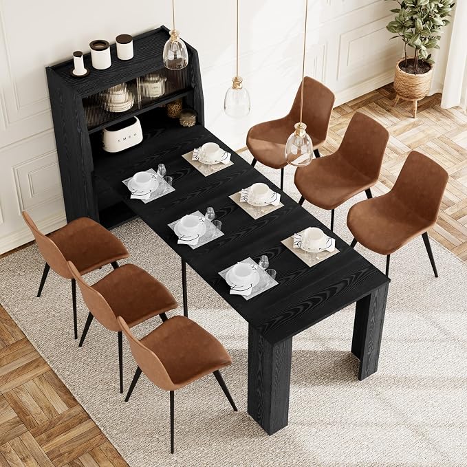 HIPIHOM 86.6" Extendable Kitchen Table Set for 6, Storage Cabinet | Space-saving Extendable MDF Dining Set with 6 Brown Chairs, Family Meal, Apartment, Small Room