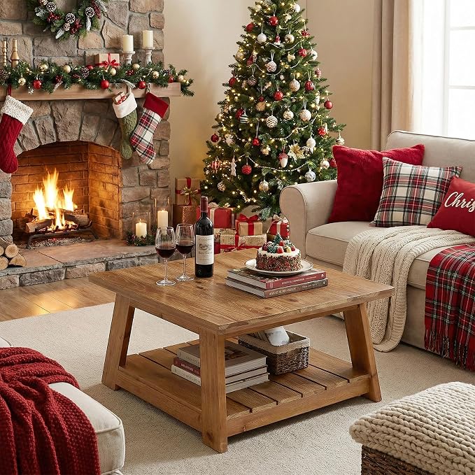 31.5" Solid Wood Square Coffee Table, 2-Tier Storage Design, Sturdy Wooden Legs, Farmhouse Accent Center Cocktail Table for Living Room, Easy Assembly, Honey Brown