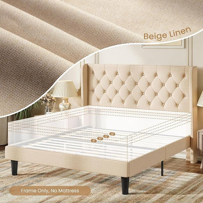 SHA CERLIN Queen Size Platform Bed Frame with Upholstered Headboard and Wingback, Button Tufted Design, Easy Assembly, No Box Spring Needed, Beige
