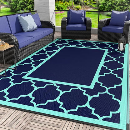 GENIMO 9 ' x 12 ' Outdoor Rug for Patio, Waterproof Indoor Outdoor Plastic Straw Rugs Carpet, Reversible Outside Area Mat for Camping, Balcony Porch, Deck, Picnic, Beach Navy Blue & Jade Green