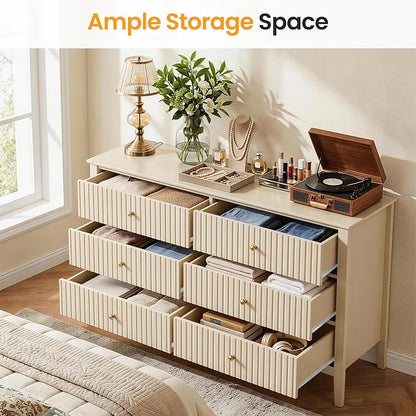 RoyalCraft Beige 6 Drawer Dresser, Fluted Modern Wood Chest of Drawers, Long Dresser for Bedroom TV Stand Storage Cabinet for Living Room