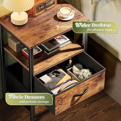 Huuger Night Stand with 2 Drawers, Bed Side Table with Open Shelf, Wooden Top, Nightstand for Bedroom, End Table for Small Space, Fabric Drawer, Rustic Brown