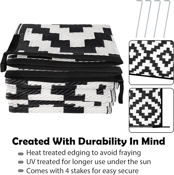 SAND MINE Waterproof Outdoor Rug 6x9 ft, Reversible Mats, Modern Area Rug, Large Floor Mat and Rug for Outdoors, RV, Patio, Backyard, Deck, Picnic, Beach, Trailer, Camping, Black & White Lattice