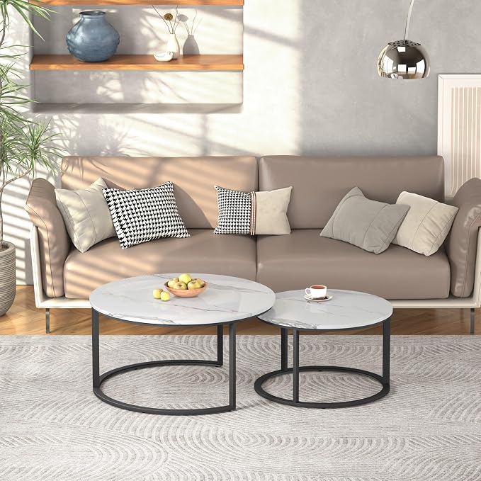 WiberWi Round Coffee Table Nesting Tables Set of 2, Large : Ø 33.5", Small : Ø 25.7", Modern Design Coffee Tables for Living Room, Metal Frame Circle Cocktail Table, High Glossy Faux White Marble
