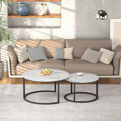 WiberWi Round Coffee Table Nesting Tables Set of 2, Large : Ø 33.5", Small : Ø 25.7", Modern Design Coffee Tables for Living Room, Metal Frame Circle Cocktail Table, High Glossy Faux White Marble