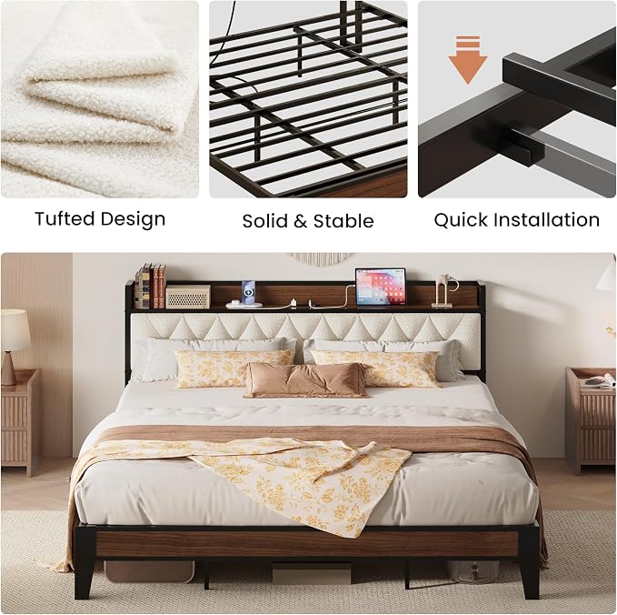 ANCTOR California King Bed Frame, Storage Headboard with Charging Station, Platform Bed Frame with Strong Metal Support, Sturdy and Stable, Noise Free, No Box Spring Needed, Easy Assembly, Walnut