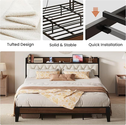 ANCTOR California King Bed Frame, Storage Headboard with Charging Station, Platform Bed Frame with Strong Metal Support, Sturdy and Stable, Noise Free, No Box Spring Needed, Easy Assembly, Walnut