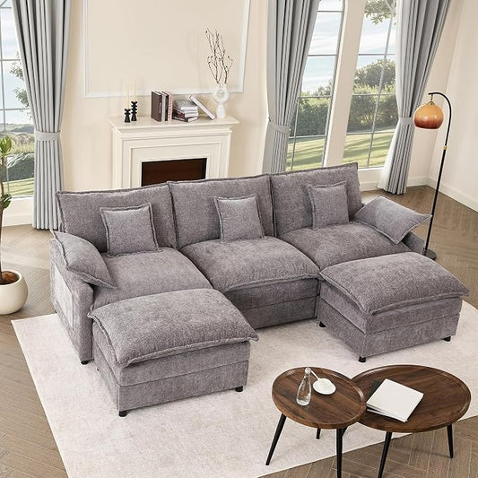 GOSUHI 108" U-Shaped Modular Cloud Couch, Deep Seat, Chenille Slate | Cloud Comfort, Couches for Living Room, Removable & Machine-Washable Covers, Movable Ottoman, Modular Sectional Sofa