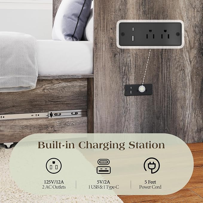 LUXOAK Twin Murphy Bed with Built-in Charging Station and Storage Drawer, Farmhouse Foldable Cabinet Bed for Guest Room, Apartment or Home Office, Rustic Grey
