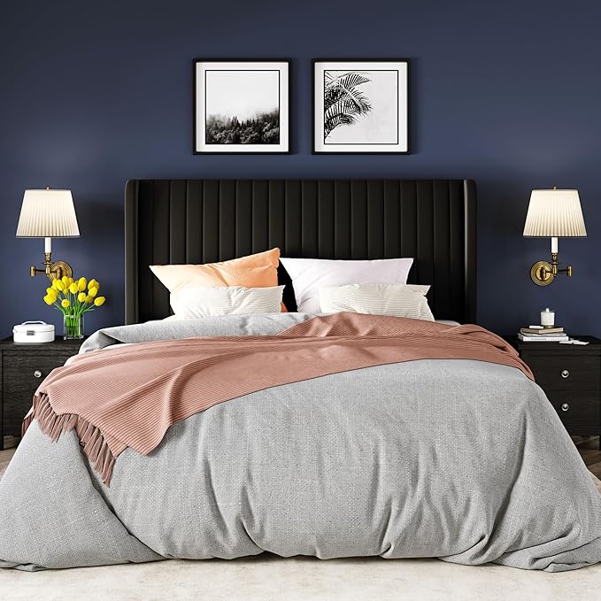Allewie Full Size Velvet Bed Frame/Vertical Channel Tufted Wingback Headboard/Upholstered Platform Bed/Strong Wooden Slats/No Box Spring Needed/Easy Assembly/Black