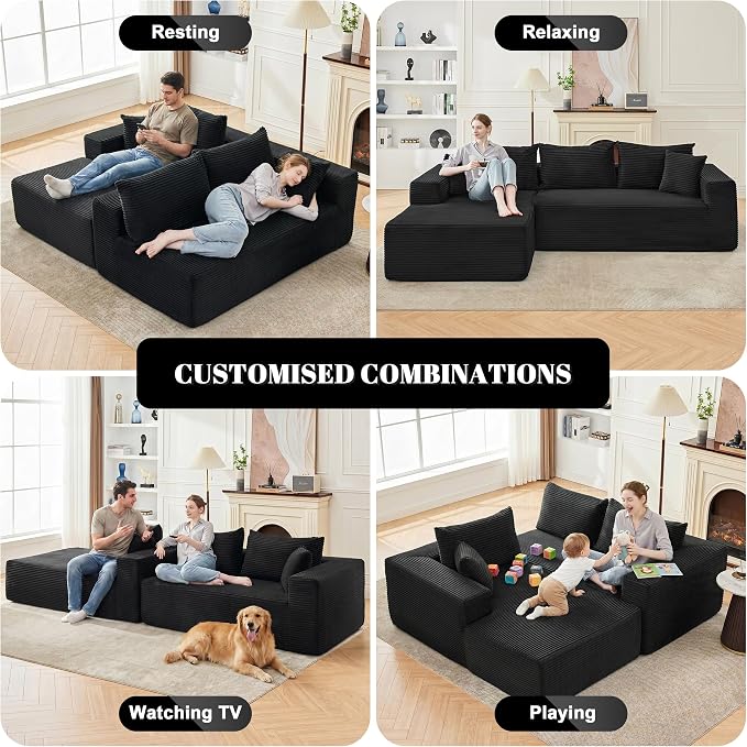 Mangodan 110” Cloud Sectional Couch, Boneless Sofa for Living Room, Modular Sectional Sofa with Deep Seat, Comfy Fluffy Couch with L-Shaped Chaise, No Assembly Required (Left-Facing Chaise, Black)