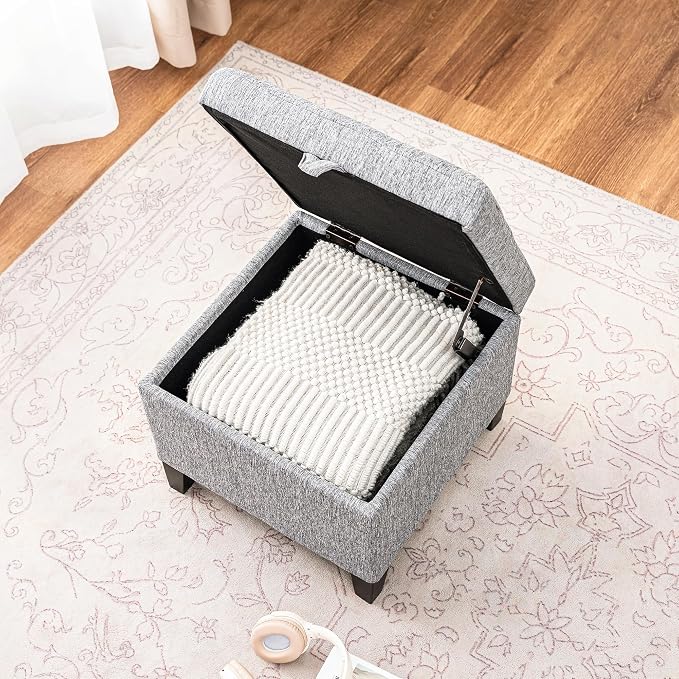 Adeco 18-Inch Cube Storage Ottoman, Upholstered Linen Footrest Stool with Hinged Lid for Living Room & Bedroom, Small Vanity Seat with Solid Wood Legs, Supports 350 lbs, Beige Grey