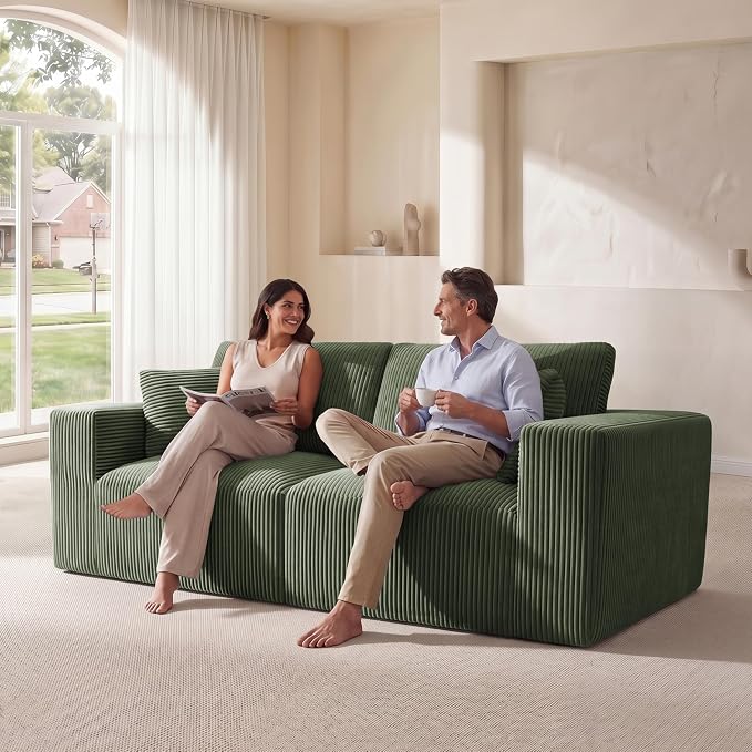 Modular Loveseat Cloud Couch, 79" Memory Foam Boneless Double Sofa, Cozy Upholstered Corduroy Frameless Furniture, No Assembly Required Small Couch for Apartment Living Room Office, Green