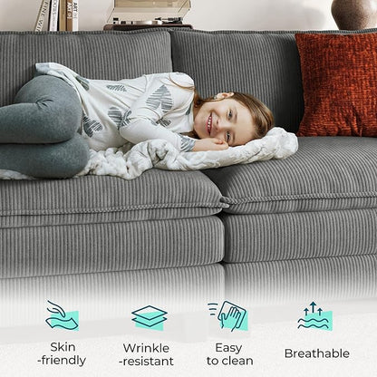 LINSY HOME Modular Sectional Sofa 6 Seat Couch Corduroy Cloud Couch with Deep Seat, Modern C-Shaped Cloud Couch for Living Room, Office, Bedroom, Grey