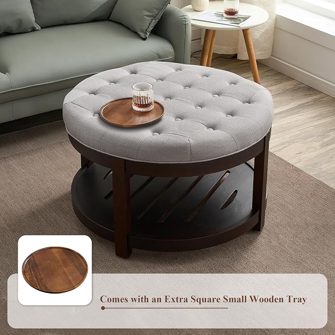 adochr Round Coffee Tables for Living Room,33’’ Storage Ottoman with Wooden Tray, Upholstered Ottoman Footrest Light Grey