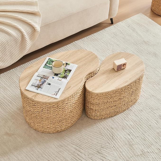 Cloud Nesting Coffee Table Set of 2 with Storage - Handwoven Wicker Rattan Ottoman Style, Boho Coastal Coffee Tables for Living Room, Rattan Coffee Table with Cover & Soild Wood Frame