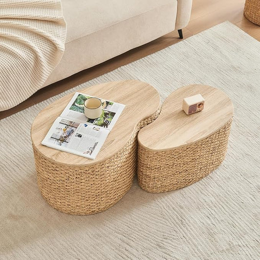 Cloud Nesting Coffee Table Set of 2 with Storage - Handwoven Wicker Rattan Ottoman Style, Boho Coastal Coffee Tables for Living Room, Rattan Coffee Table with Cover & Soild Wood Frame