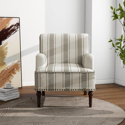 Accent Chair, Mid Century Modern Comfy Armchair for Living Room, Linen Fabric Single Sofa Lounge for Reading Bedroom Apartment Waiting Room with Wood Legs (Brown Stripe, Set of 2)