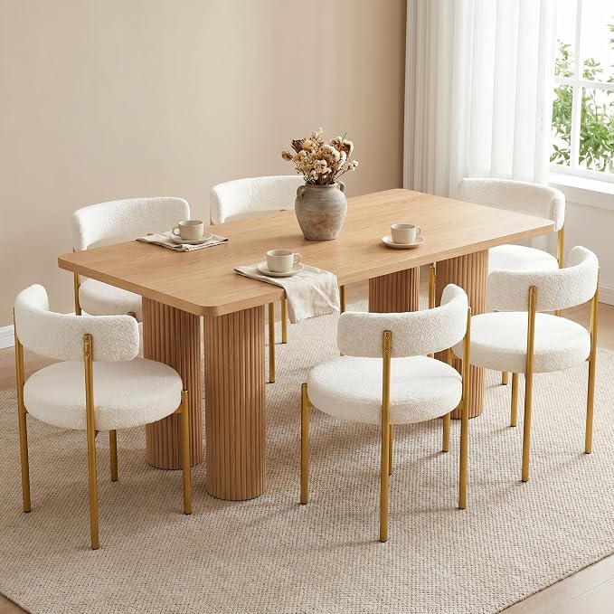 Boucle Dining Chairs Set of 6, White Dining Chairs with Upholstered Seat and Gold Legs, Mid-Century Modern Kitchen Chairs for Dining Room, Restaurant