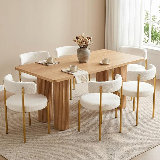 Boucle Dining Chairs Set of 6, White Dining Chairs with Upholstered Seat and Gold Legs, Mid-Century Modern Kitchen Chairs for Dining Room, Restaurant