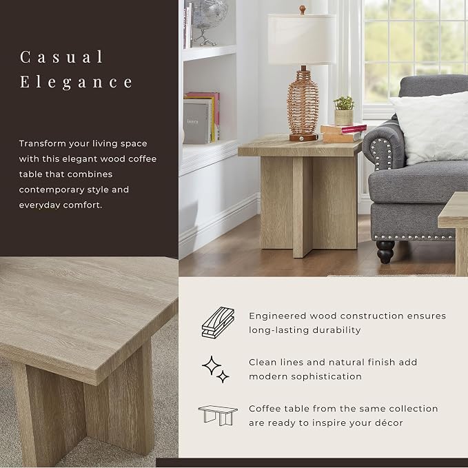 Roundhill Furniture Mchome Square End Table, Nightstand, Oak Finish