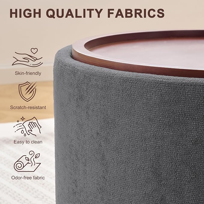 29.1 Inch Round Ottoman Coffee Table, Ottoman with Storage, Boucle Grey | Storage Ottoman with Removable Lid Top, Solid Wood Legs, Round Ottoman for Living Room, Bedroom, Apartments