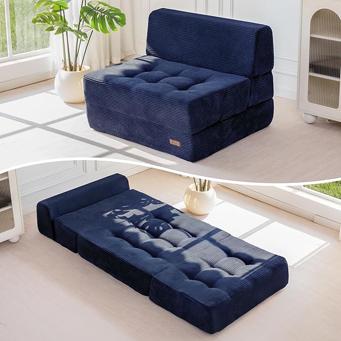MAXYOYO 8" Folding Sofa Bed, Fold Out Chair Bed, Convertible Floor Sofa Couch, High-Density Foam Tufted Lounge Couch for Living Room Bedroom Dorm, Single, Navy