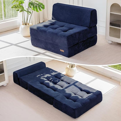 MAXYOYO 8" Folding Sofa Bed, Fold Out Chair Bed, Convertible Floor Sofa Couch, High-Density Foam Tufted Lounge Couch for Living Room Bedroom Dorm, Single, Navy