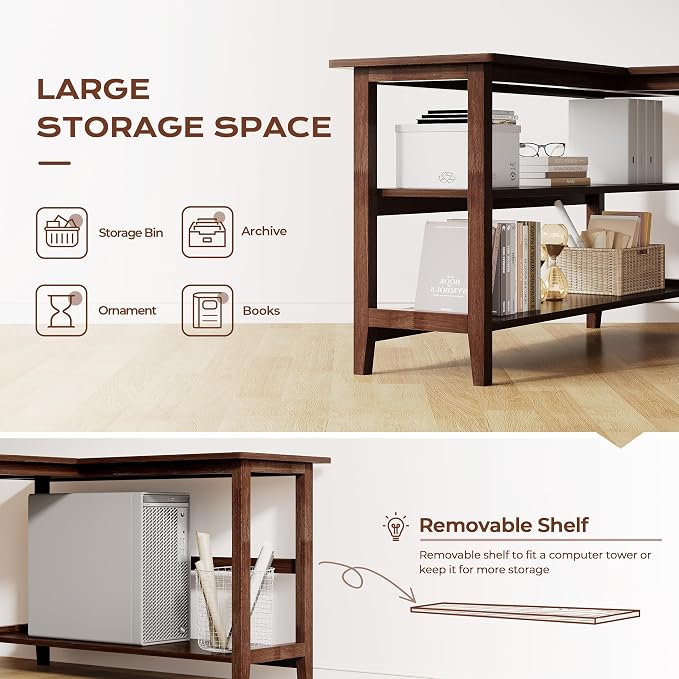 IOTXY Reversible L-Shaped Office Desk - 63" Extra Large Corner Computer Table with Storage Shelves, Solid Wood Legs, Home Writing & Study Workstation, Walnut