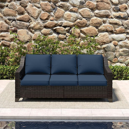 77'' Patio Sofa, All Weather Outdoor Rattan Wicker 3-Seat Sofa High Back Couch with Premium Cushions for Garden Backyard Porch(Brown/Navy)