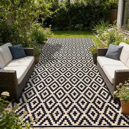 SAND MINE Reversible Mats, Plastic Straw Rug, Modern Area Rug, Large Floor Mat and Rug for Outdoors, RV, Patio, Backyard, Deck, Picnic, Beach, Trailer, Camping (8' x 16', Black & Beige Lattice)