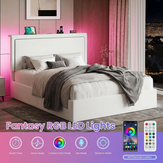 SHA CERLIN Full Size Hydraulic Lift-Up Storage Platform Bed Frame with Charging Station, RGB LED Lights, Adjustable Velvet Headboard, USB-A and USB-C Ports, No Box Spring Needed, White