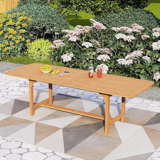 PHI VILLA Teak Outdoor Table, Expandable Wood Table w/Umbrella Hole | Large rectangle acacia wood table for 6-8. Perfect for patio, deck, porch, backyard
