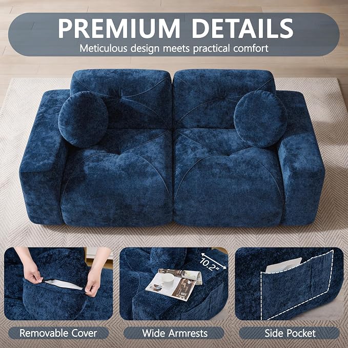 82" Modular Sectional Cloud Couch, Loveseat Sofa Boneless Couches, 2 Deep Seat Modern Comfy Velvet Sofa for Living Room, Bedroom, Apartment (Blue)