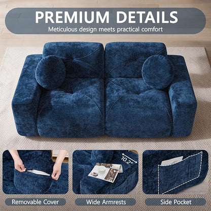 82" Modular Sectional Cloud Couch, Loveseat Sofa Boneless Couches, 2 Deep Seat Modern Comfy Velvet Sofa for Living Room, Bedroom, Apartment (Blue)