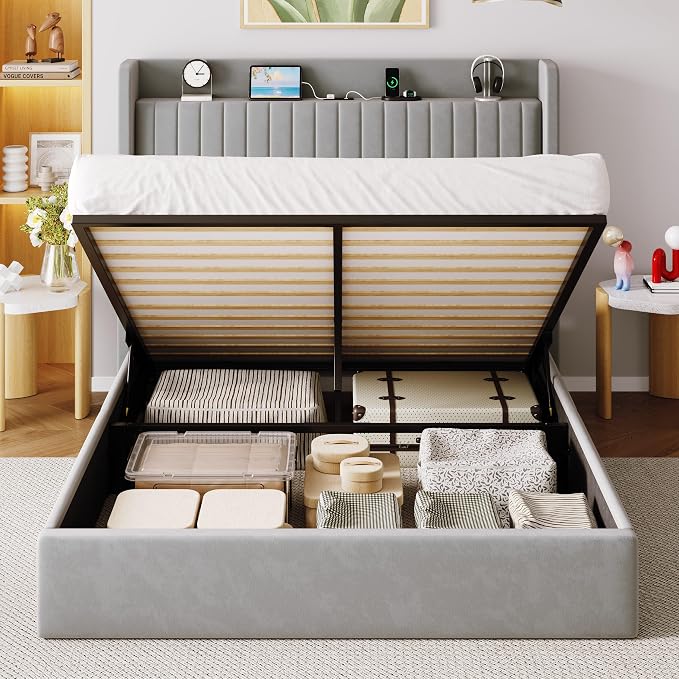 Allewie Queen Size Lift Up Storage Bed Frame,Storage Shelf Headboard with Charging Station,Type-C and USB Ports,Hydraulic Support,Velvet Upholstered Bed Frame,No Box Spring Needed,Grey